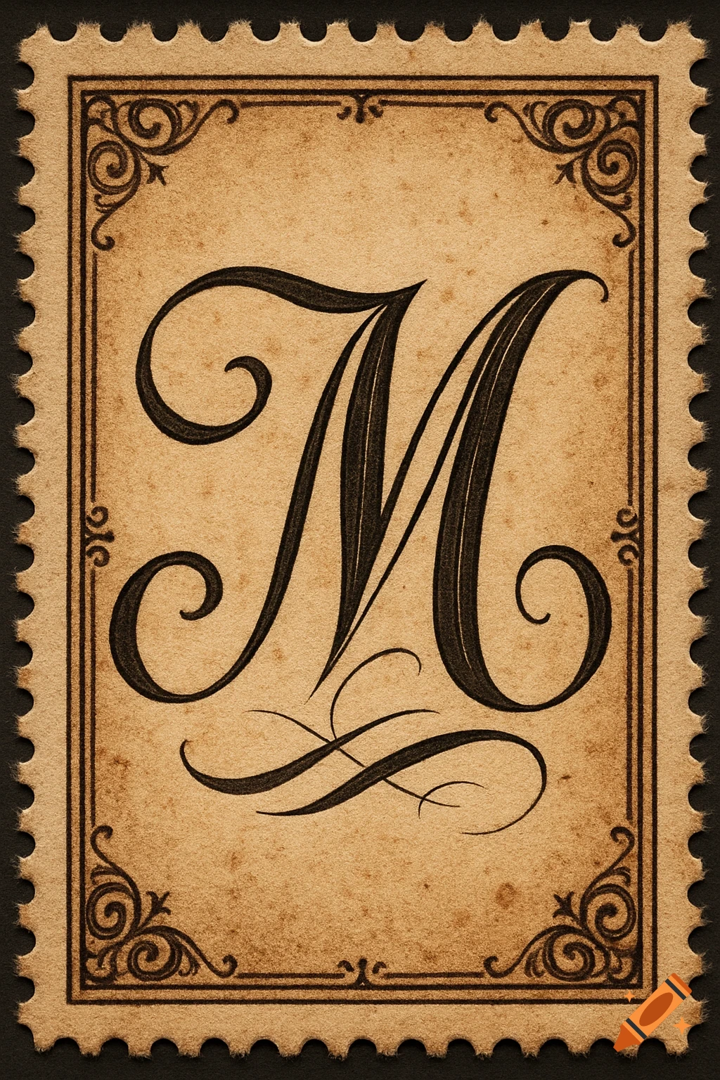 A decorative, cursive letter M on a vintage-style postage stamp with an ornate border.