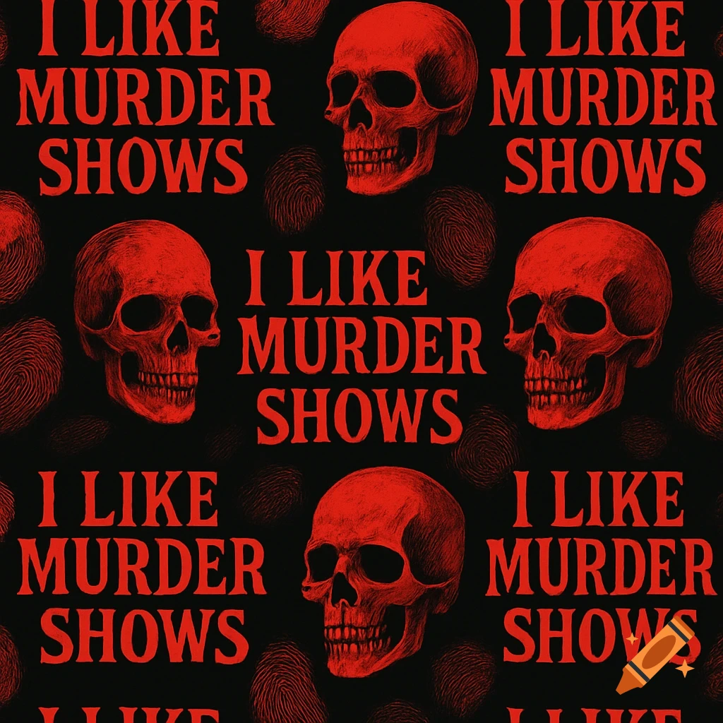 Seamless pattern with red skulls, fingerprints, and the text 'I LIKE MURDER SHOWS' on a black background.