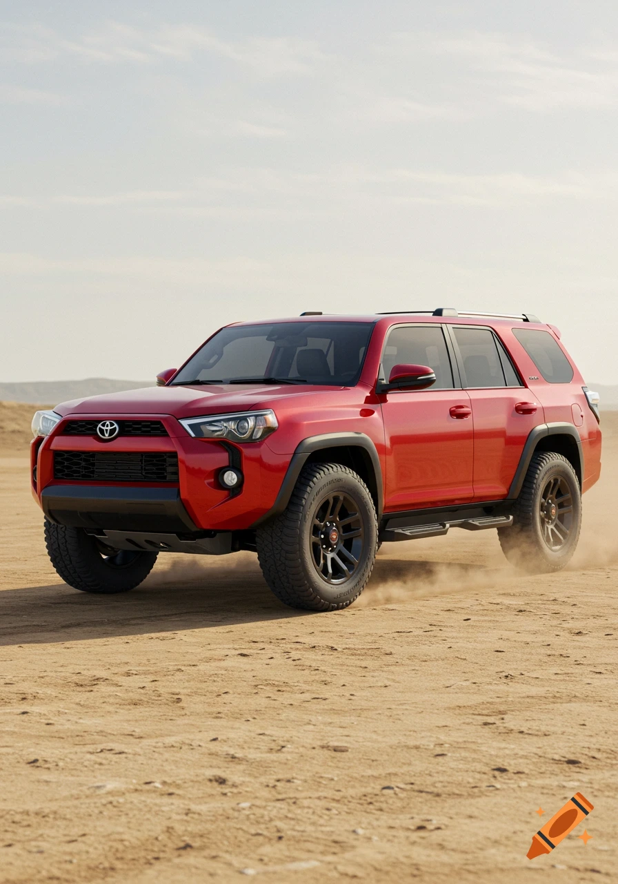A red Toyota 4Runner SUV drives on a sandy off-road trail, kicking up dust under a bright sky.