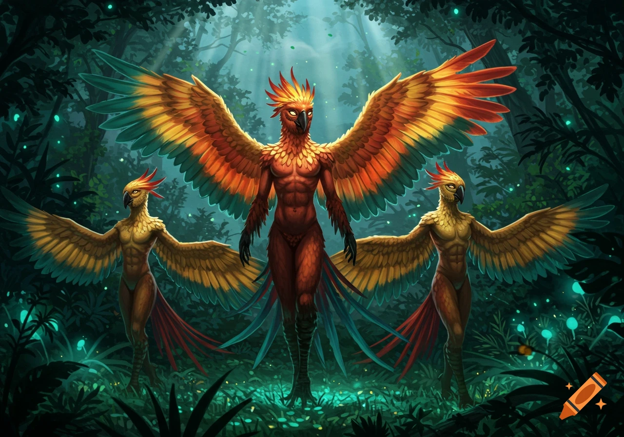 Three muscular avian humanoids with vibrant orange, yellow, and blue-green feathers stand in a dark, mystical forest.