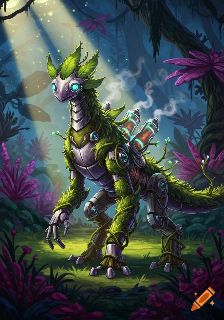 A whimsical, green-vined robot monster with glowing eyes and steaming back vents in a magical forest with purple plants.