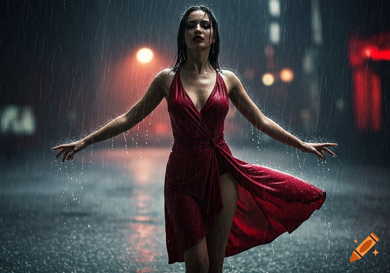 A woman in a red cocktail dress stands in the pouring rain on a city street at night, with arms outstretched.