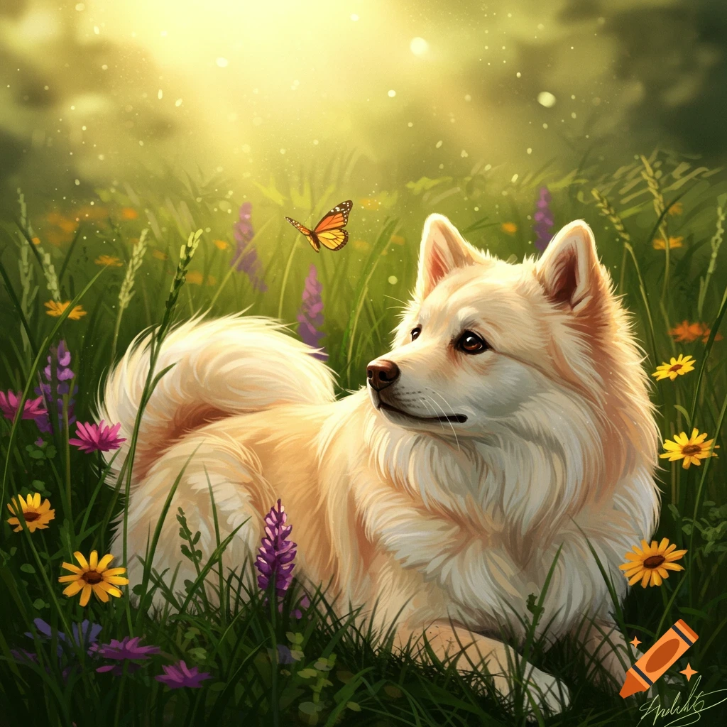 A fluffy light-colored dog lies in a vibrant green field among colorful wildflowers, looking up at an orange butterfly. Illustrated style.