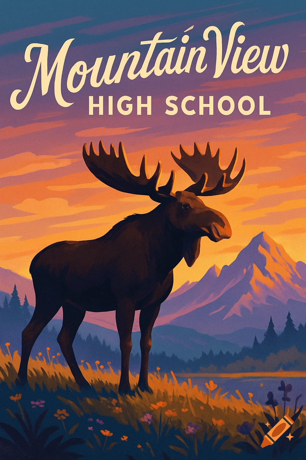 Stylized poster of a moose in a meadow at sunset with mountains and a lake. Text reads 'Mountain View High School'.