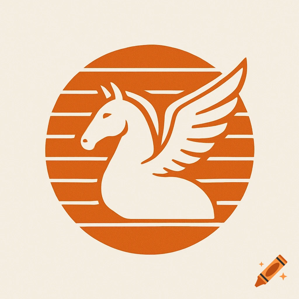 Minimalist orange logo with a white pegasus in profile against a striped orange circle on a light background.