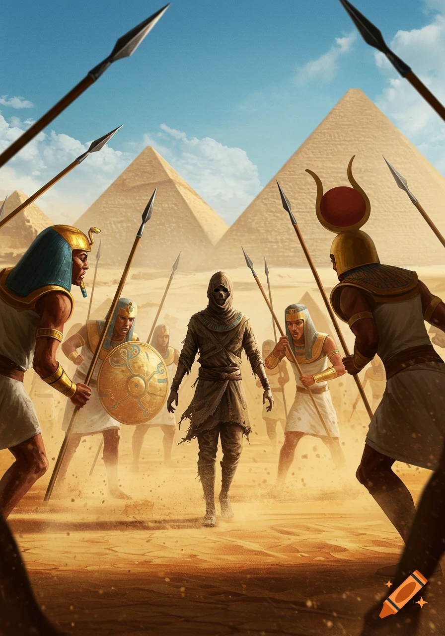 Ancient Egyptian soldiers with spears confront a hooded, skull-faced figure in a sandy desert before pyramids.