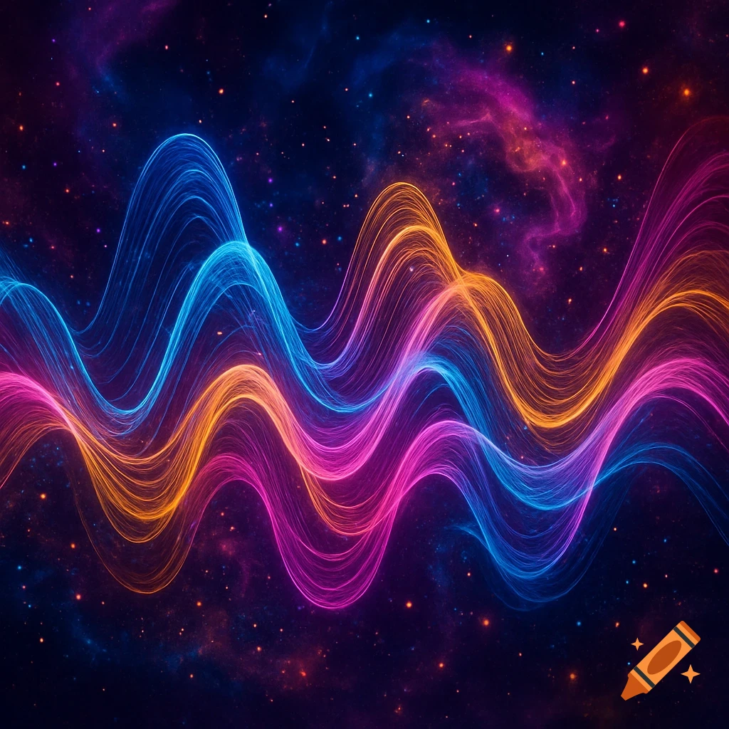 Vibrant neon waves of blue, orange, pink, and purple glow against a dark, star-filled cosmic background.