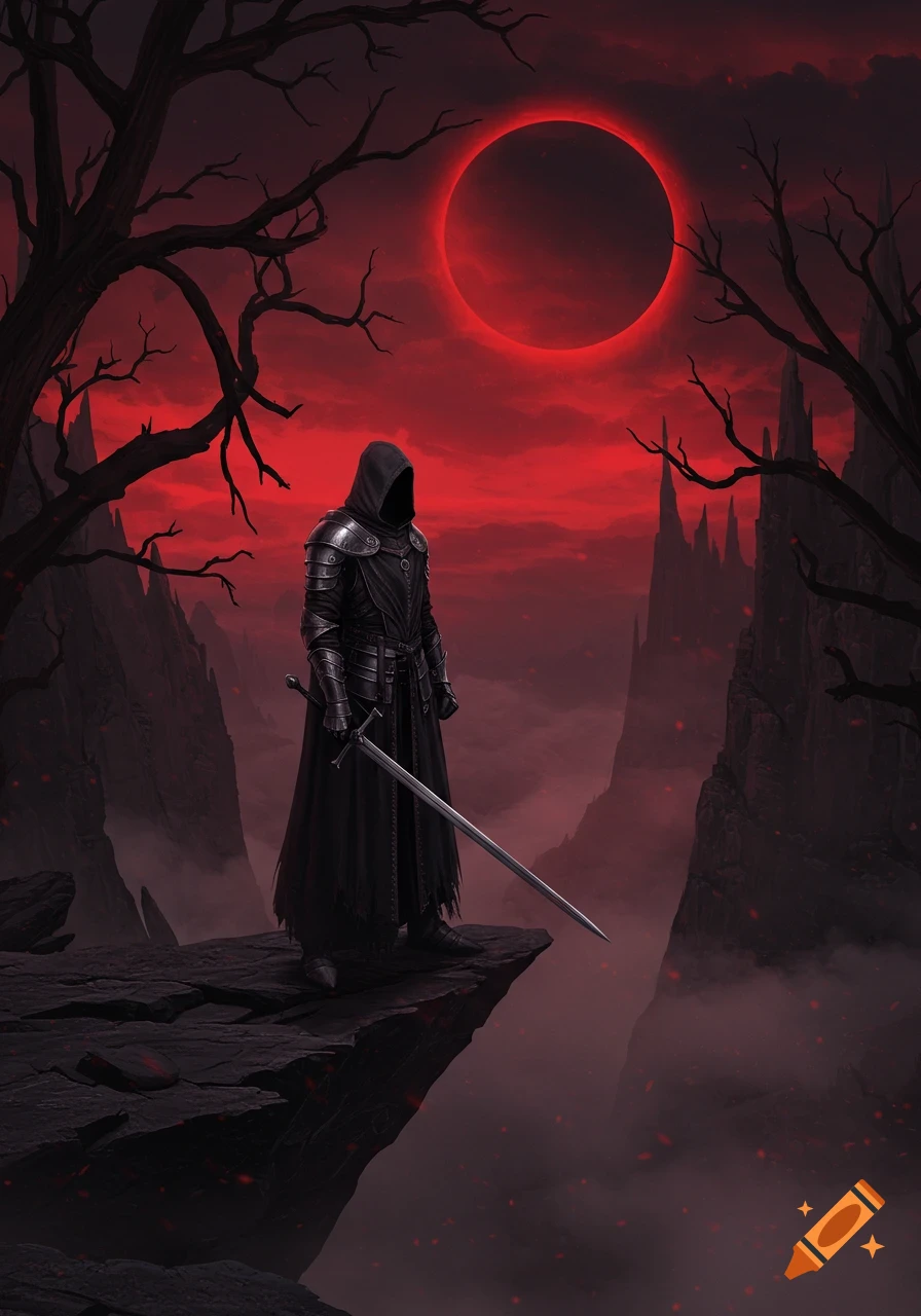 A hooded knight in dark armor and robes stands on a cliff overlooking a foggy valley with jagged peaks under a glowing red eclipsed moon. Dark fantasy art.