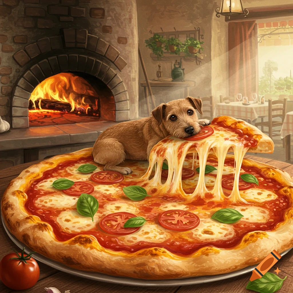 A cute terrier dog rests its head on a cheesy pizza slice in a rustic restaurant with a wood-fired oven.