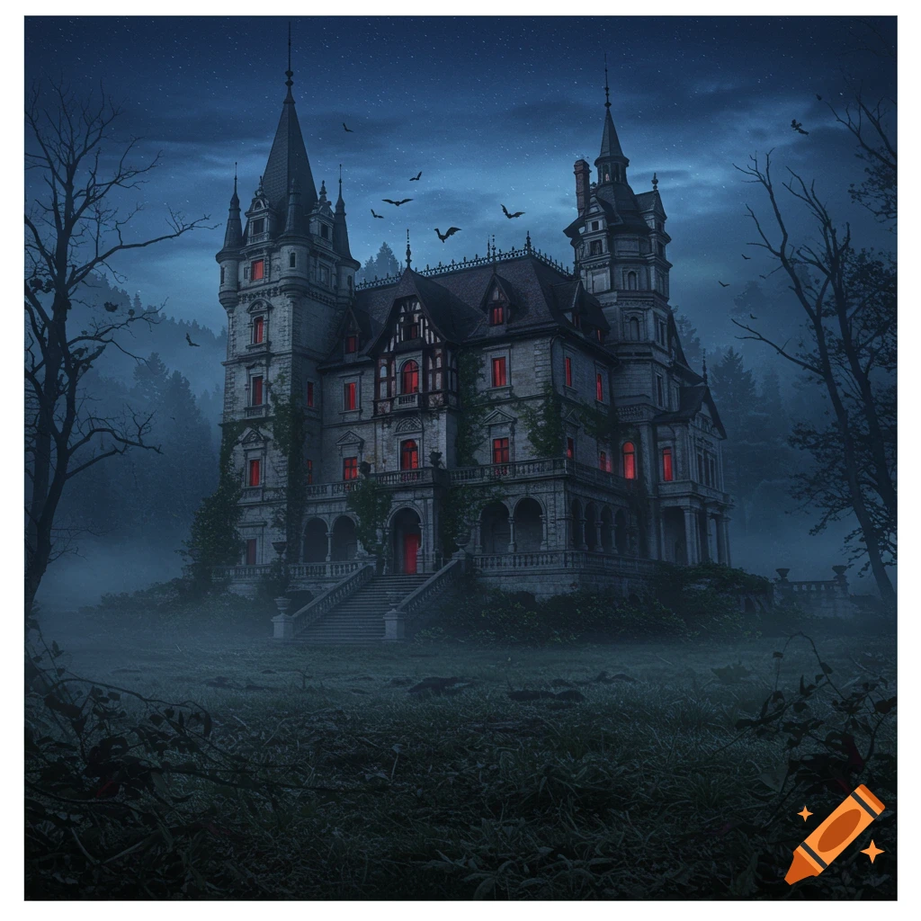 A dark, eerie gothic mansion with red glowing windows stands in a misty forest under a cloudy, star-filled night sky, with bats flying around.