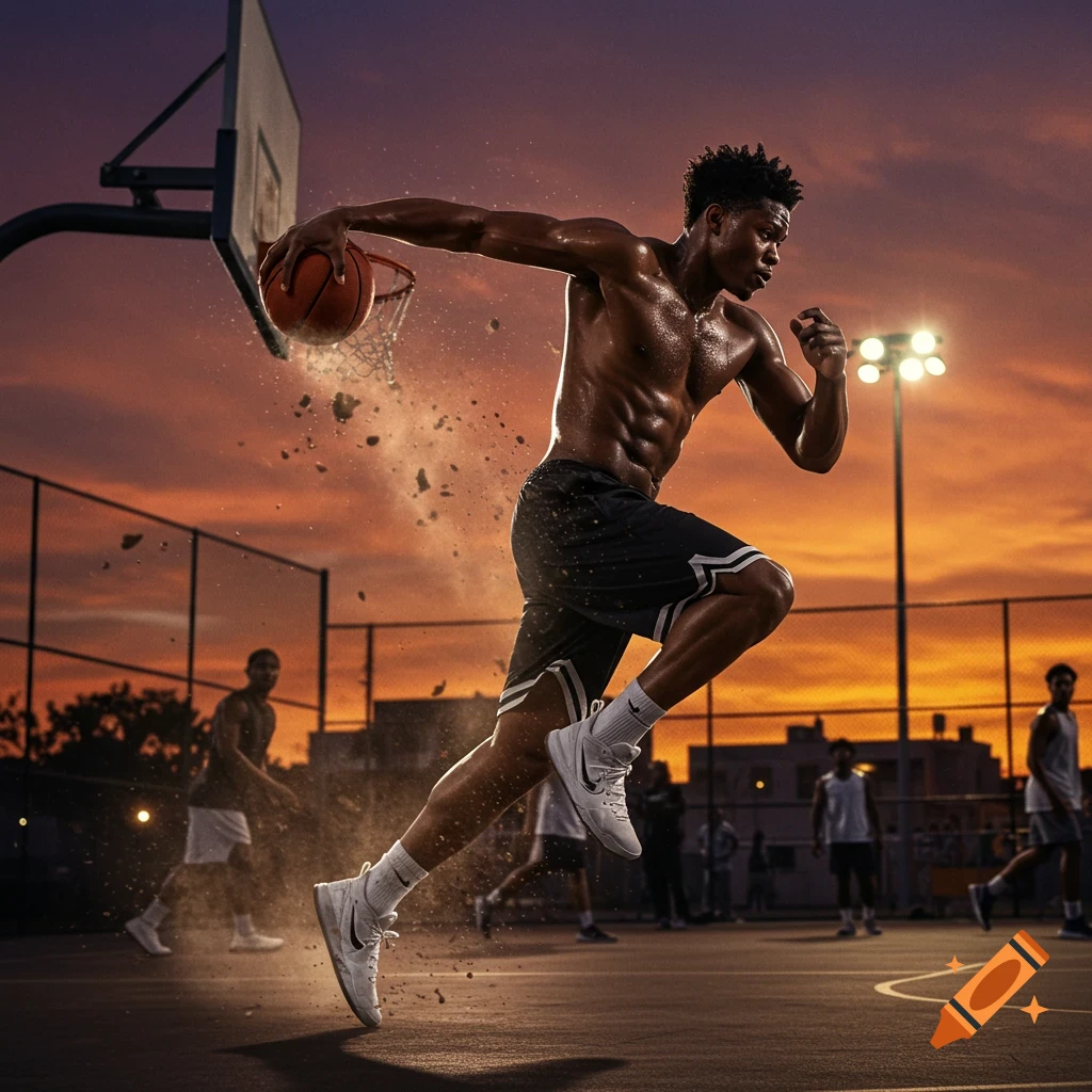 A shirtless, muscular man in shorts and sneakers dribbles a basketball mid-stride on an outdoor court at sunset, with dust flying up.