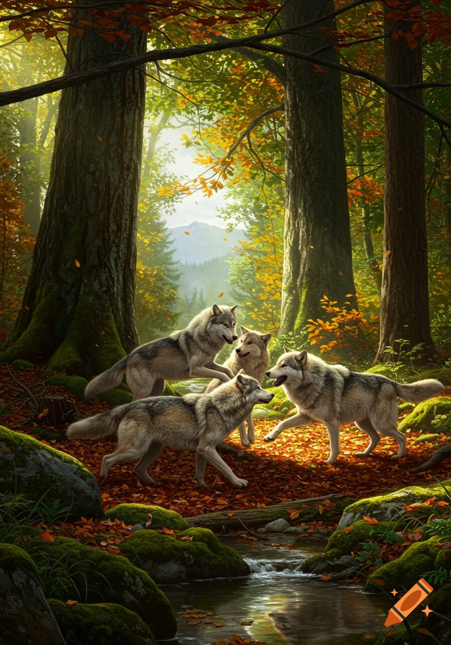 Four photorealistic wolves playing by a stream in a vibrant autumn forest with colorful leaves and sun rays.