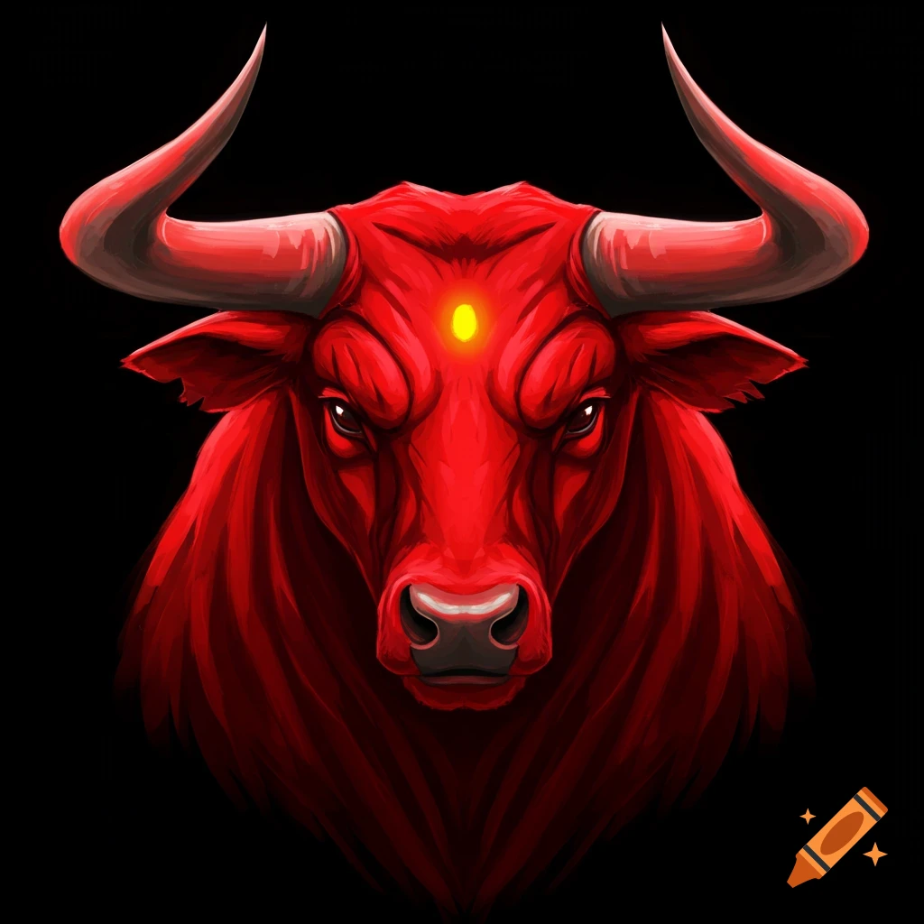 A vibrant red bull's head with large horns and a glowing yellow dot on its forehead, against a black background. Stylized illustration.