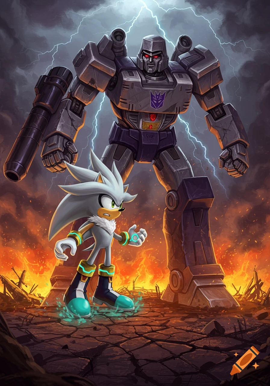 Silver the Hedgehog confronts Megatron in a fiery, lightning-filled landscape. Silver stands ready, while the towering Megatron looms behind him.