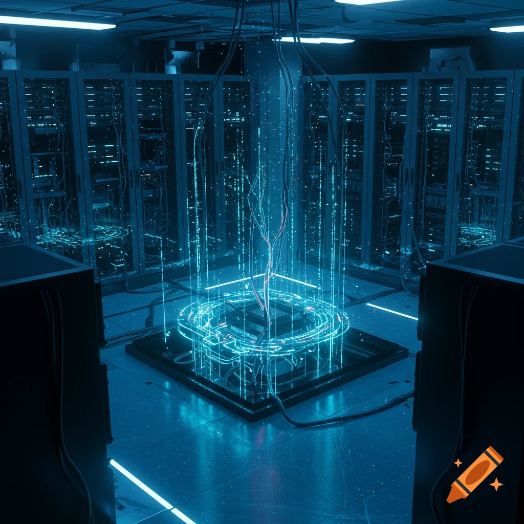 A dark server room features a central glowing blue data processing unit with numerous wires and bright light.