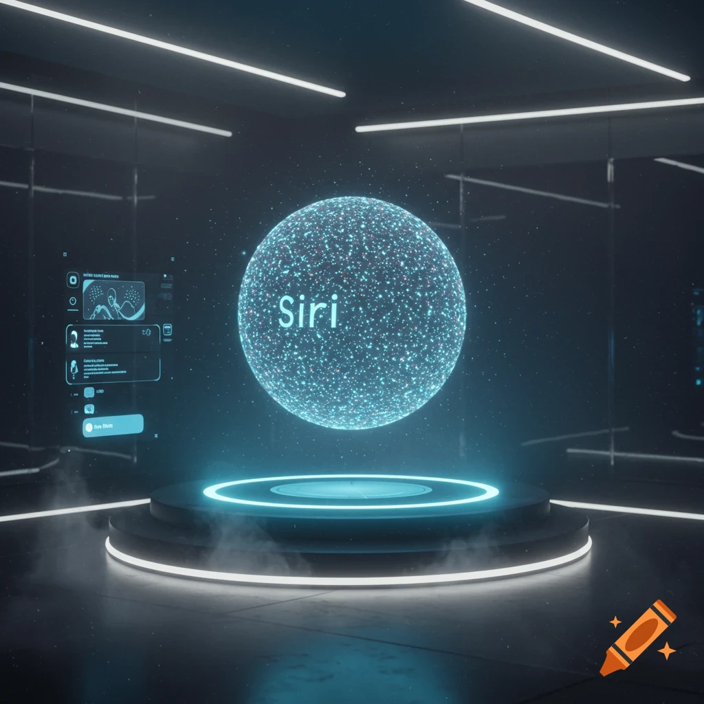 A glowing blue sphere labeled 'Siri' floats above a futuristic podium in a dark, high-tech room with holographic interfaces.