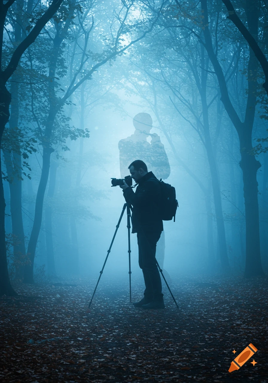 A photographer with a tripod in a blue, foggy forest, with a larger, translucent silhouette of a man behind him.