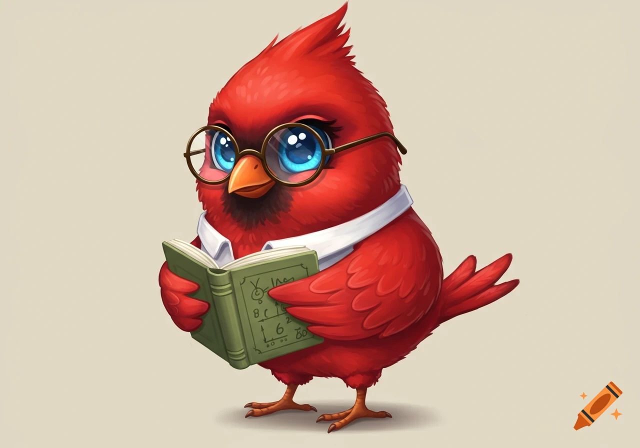 A cute red cartoon cardinal wearing glasses, with big blue eyes, holding an open book.