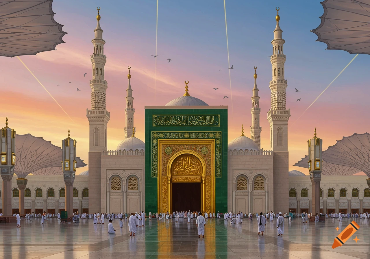 A grand mosque with a green and gold facade, flanked by minarets, under a sunset sky, with many worshippers in white in the courtyard.