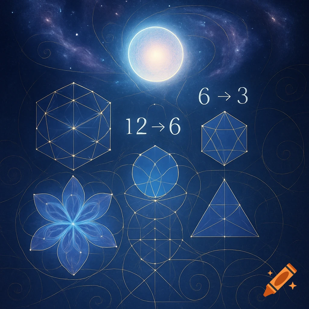Geometric patterns and numerical expressions against a cosmic backdrop with a bright central orb and nebulae.
