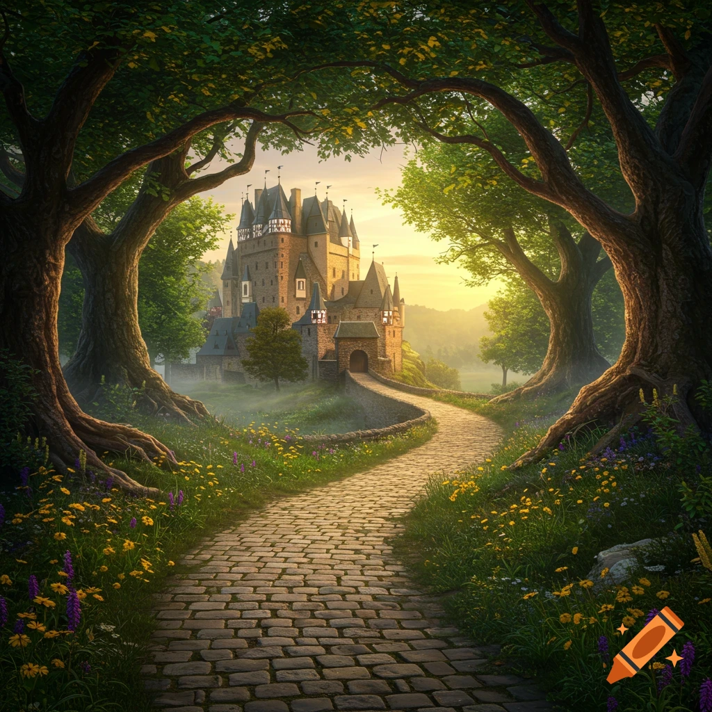 A winding cobblestone path through a lush forest leads to a majestic medieval castle under a golden sunset.