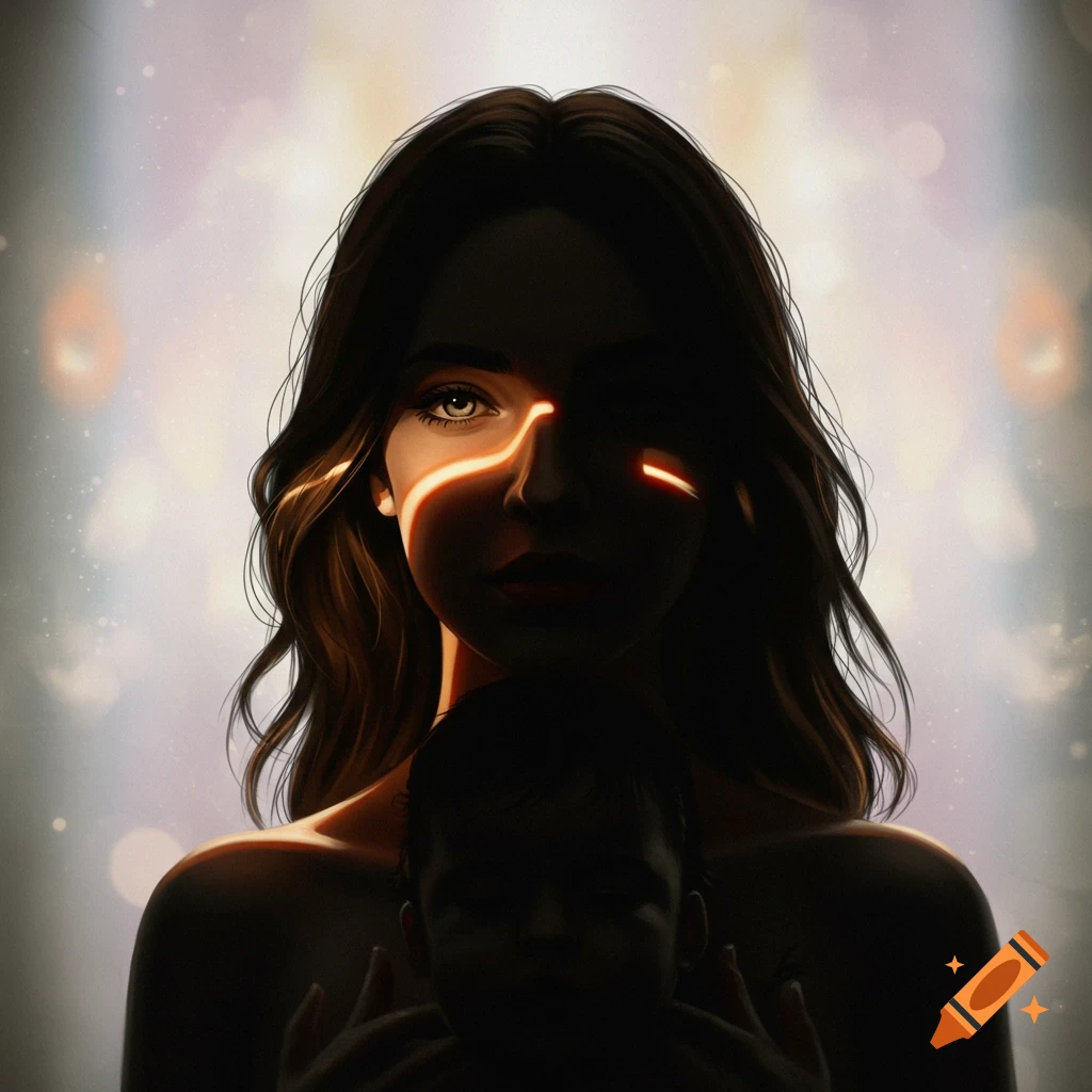 Stylized portrait of a mother holding a baby, her face partially lit by a glowing horizontal beam, both figures mostly in shadow.