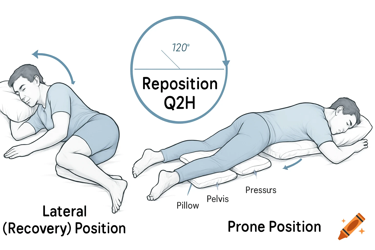 Medical diagram illustrating proper patient positioning, showing a patient in lateral recovery and prone positions with pillow placements, and a central icon for repositioning every 2 hours.
