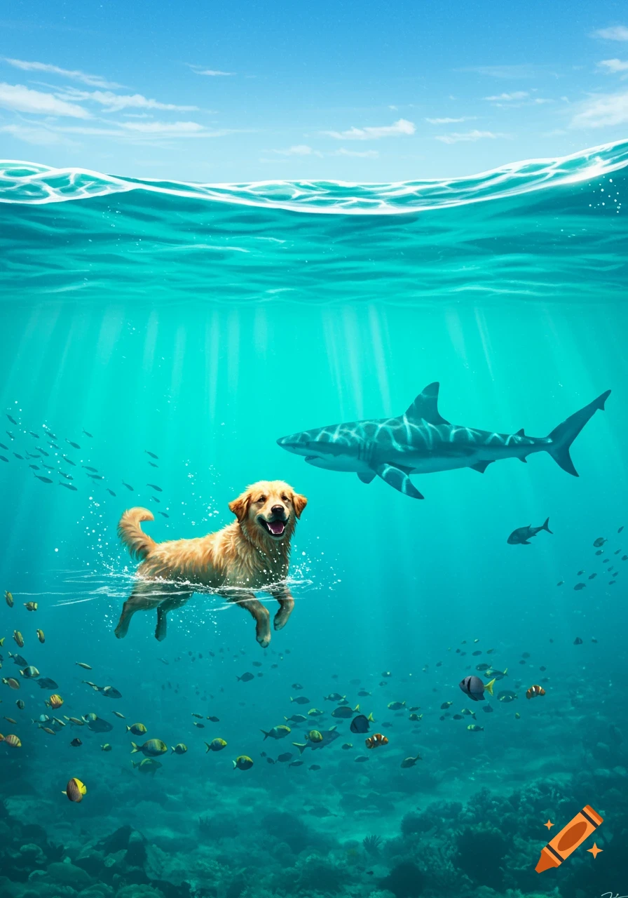 A golden retriever dog swims underwater in the ocean, with a large shark in the background and schools of fish around.