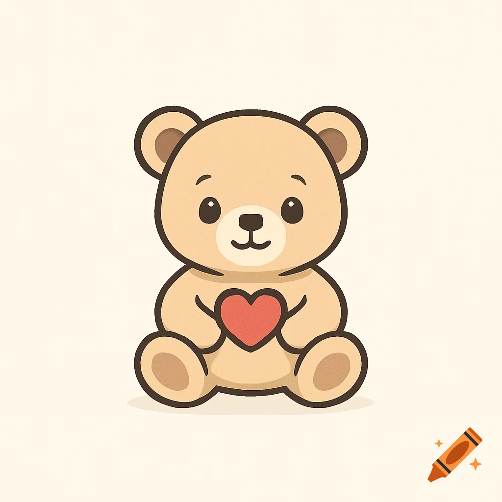 A cute, cartoon-style teddy bear with a friendly smile, sitting and holding a red heart.