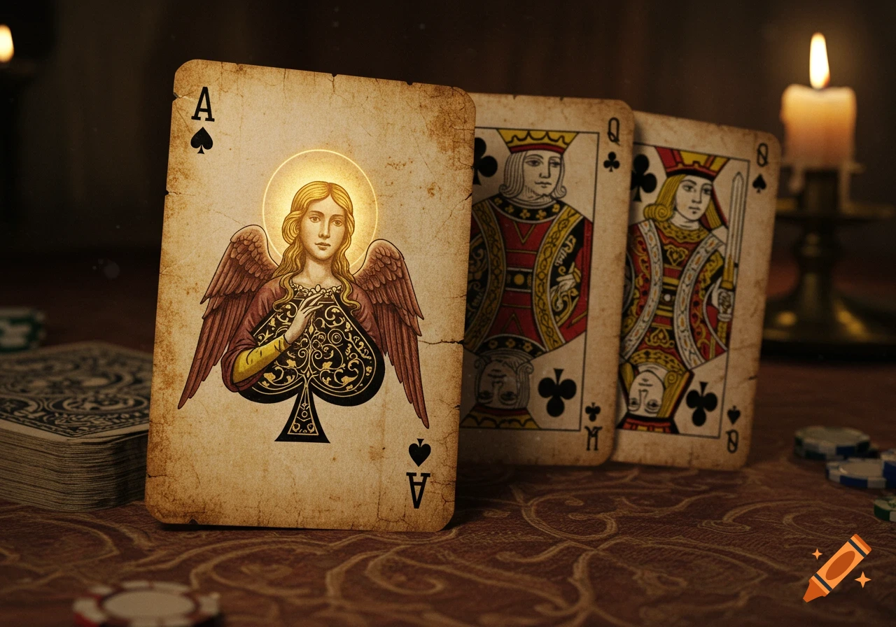 Vintage poker cards featuring an angel Ace of Spades, King, and Queen, lit by candlelight on a patterned table.