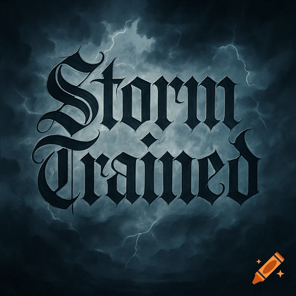 Gothic text 'Storm Trained' against a dark, cloudy sky with lightning.