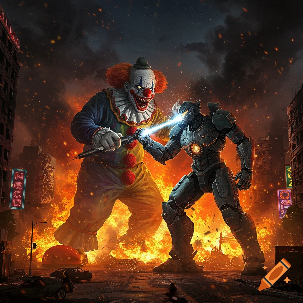 A giant, monstrous clown battles a futuristic robot in a burning, ruined city, with fire and smoke engulfing the background.