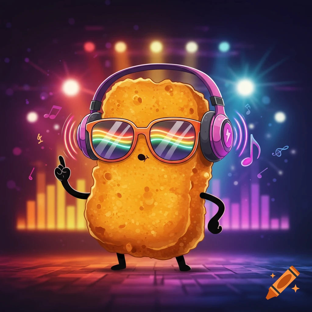 Cartoon chicken nugget wearing purple headphones and rainbow sunglasses, standing on a glowing stage surrounded by musical notes and disco lights.