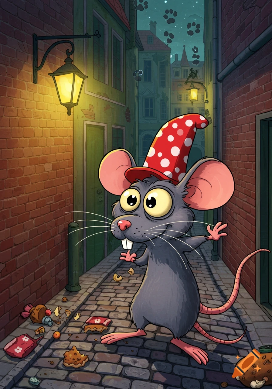 A cute cartoon rat wearing a red polka-dot wizard hat stands in a dark, cobblestone alleyway with scattered food.