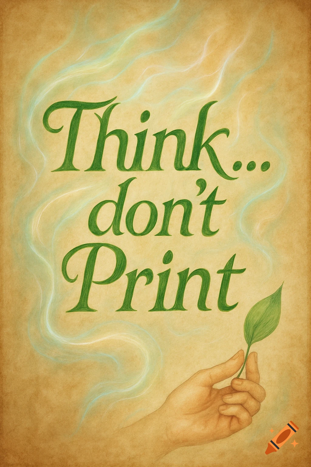 A textured poster with green text 'Think... don't Print' above a hand holding a green leaf, with a swirling green aura.