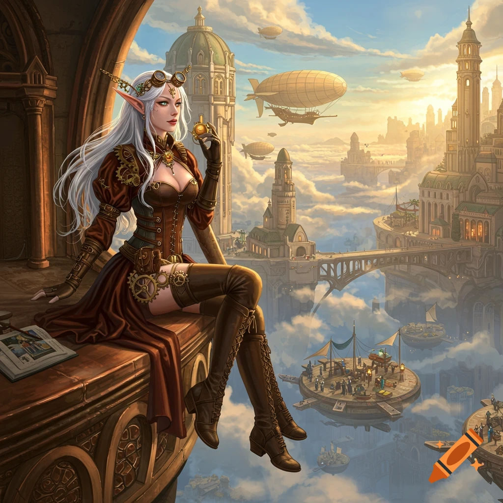 Steampunk elven woman on a balcony, overlooking a futuristic sky city with airships at sunset.