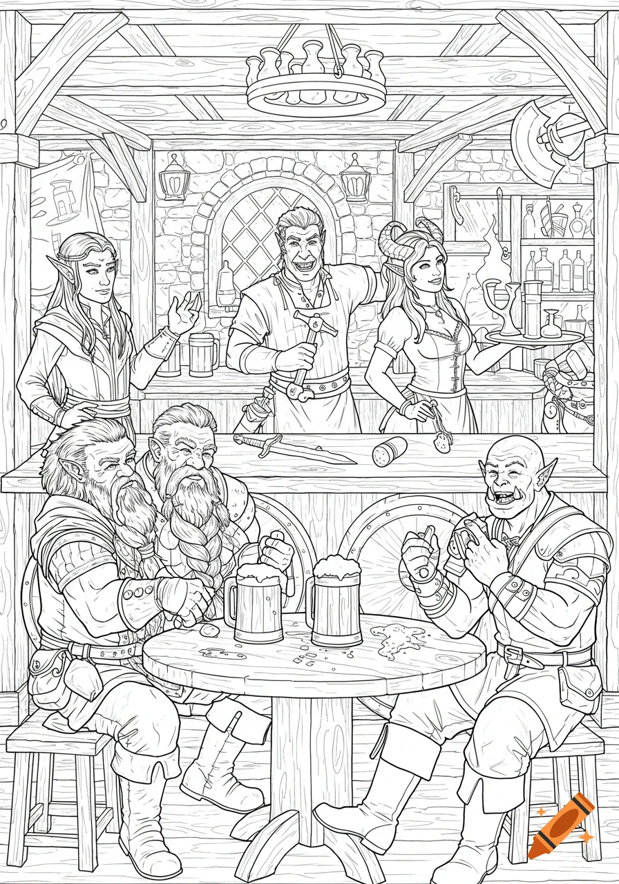 Detailed line art of a D&D style tavern with diverse fantasy patrons (elves, dwarves, tiefling, orc) and staff.
