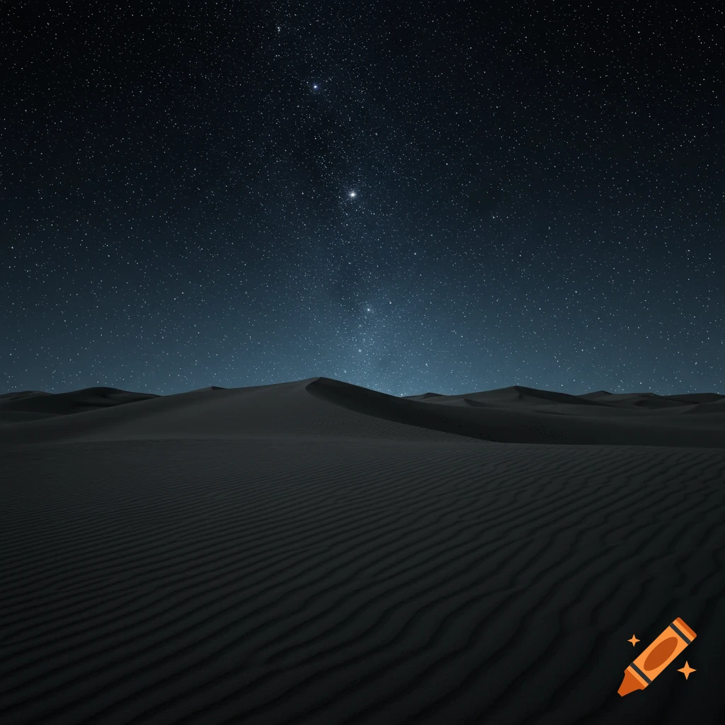 Photorealistic image of dark sand dunes in a desert under a vast, star-filled night sky.