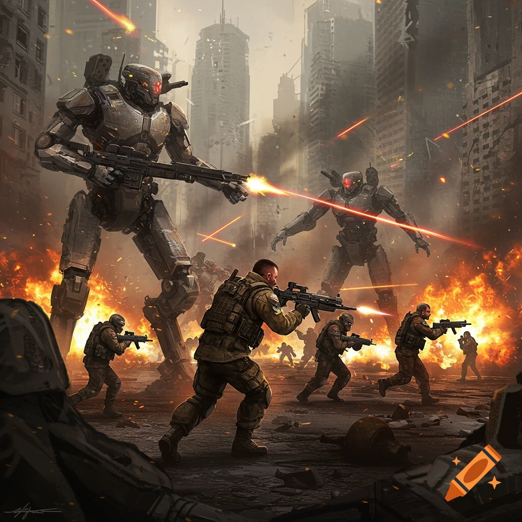 Soldiers battling giant robots amid explosions and burning city ruins in a grim, futuristic war scene.