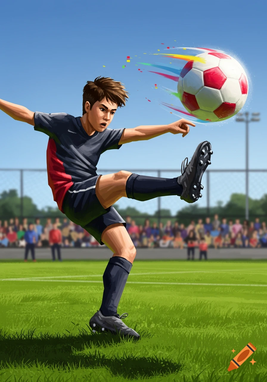 An illustrated male soccer player in a black and red uniform kicks a soccer ball mid-air on a green field in a stadium.