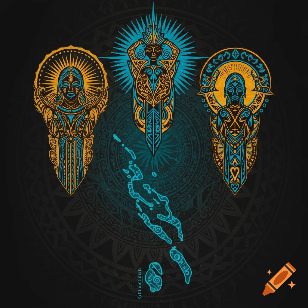 Stylized tribal art with three figures in gold and blue, an island map below, on a dark background.