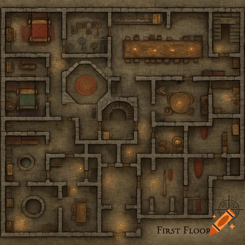 A top-down fantasy map of a castle's first floor, showing numerous rooms, beds, tables, and a compass rose with the text "FIRST FLOOR".