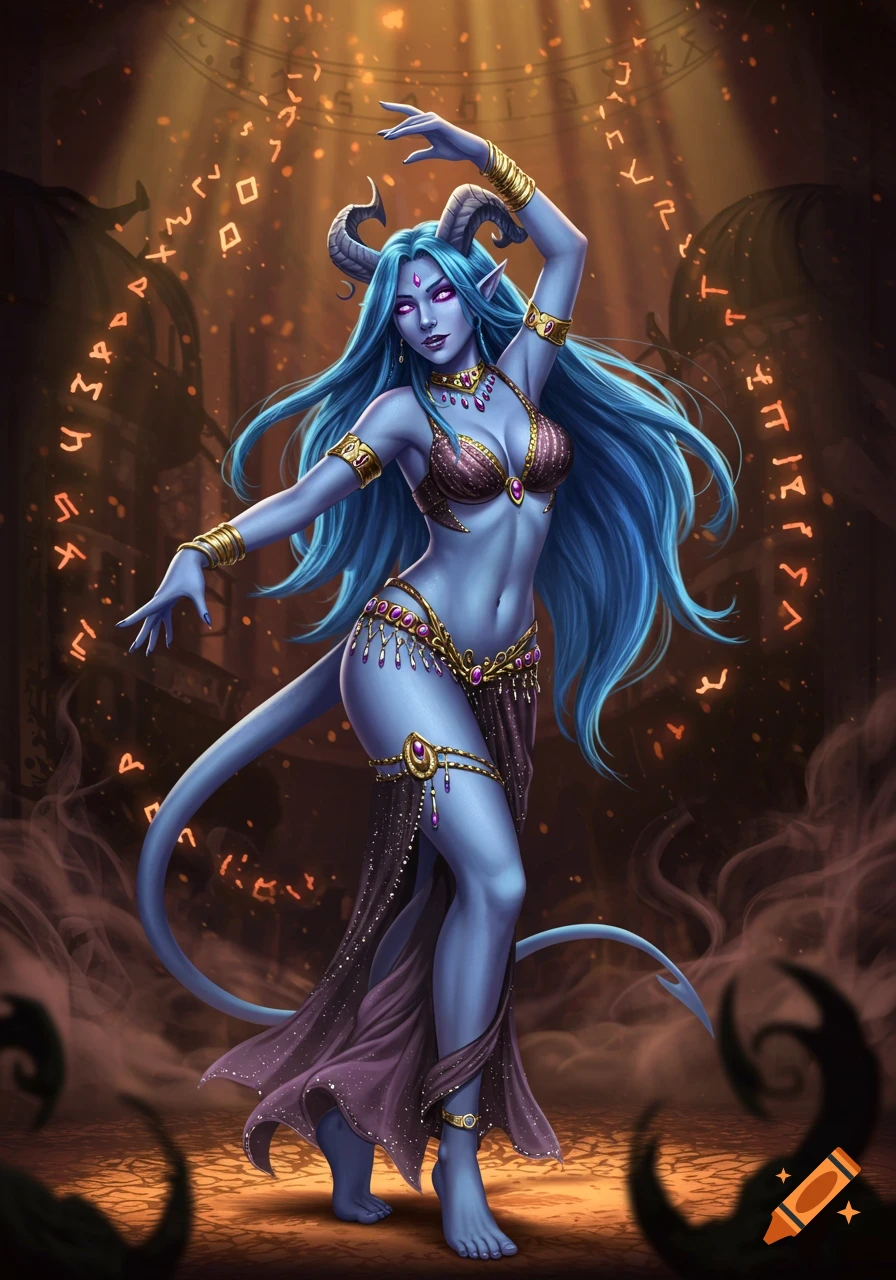 A blue-skinned, blue-haired tiefling woman with horns and a tail dances, wearing a revealing bejeweled belly dancer outfit. Glowing runes circle her in a dark, mystical setting.