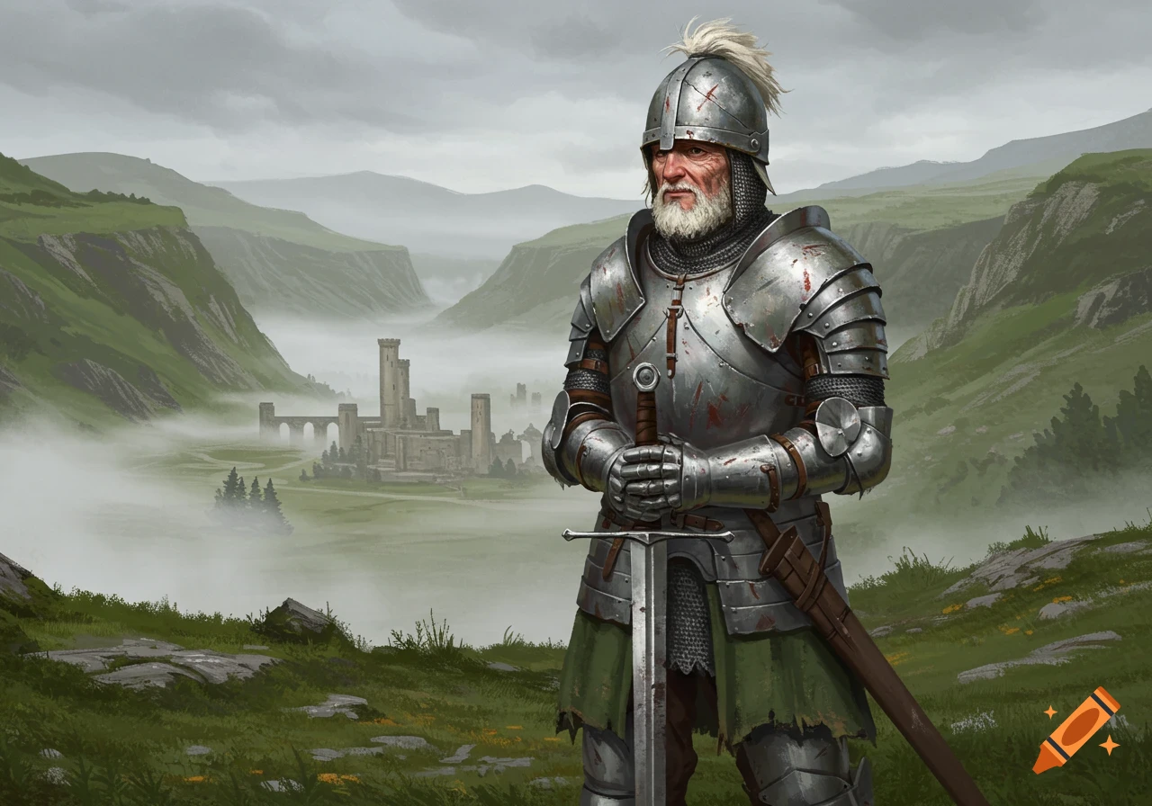 An old, armored knight stands holding a sword in a misty green valley with a medieval castle, digital painting.