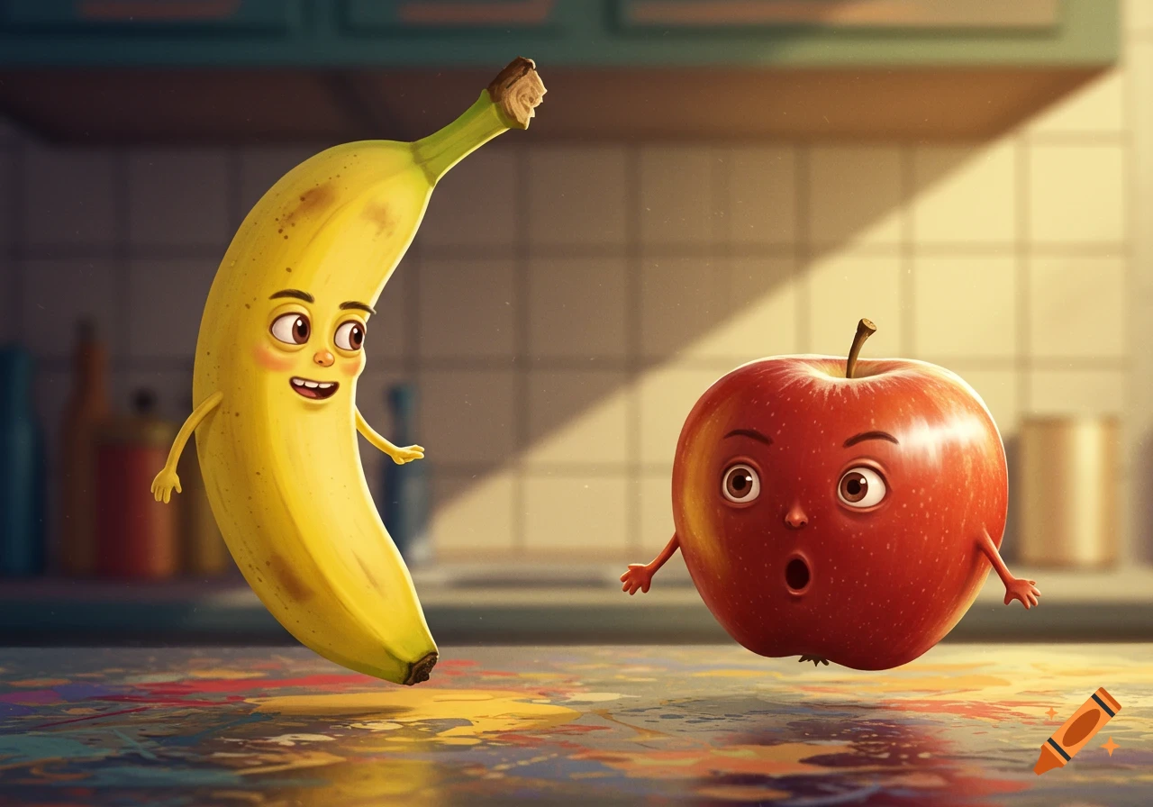 A cartoon banana with a happy human face looks at an apple with a surprised human face on a speckled counter.