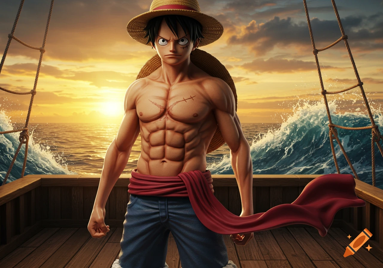 Muscular, shirtless anime character Luffy in a straw hat on a wooden ship deck at sunset with large waves.