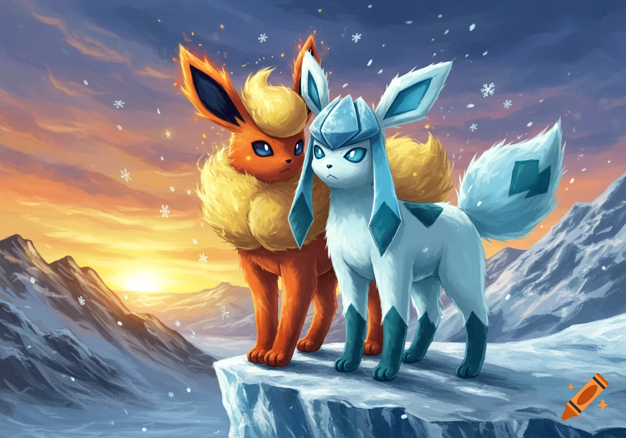 A digital painting of Flareon and Glaceon, two Pokémon, standing on an icy cliff overlooking snowy mountains at sunset.