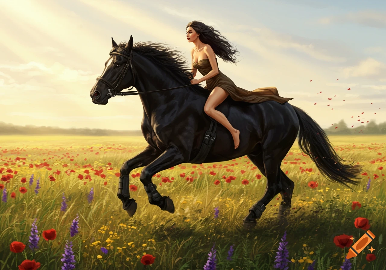 A woman with long dark hair rides a black horse through a vibrant field of red and purple flowers under a sunny sky.