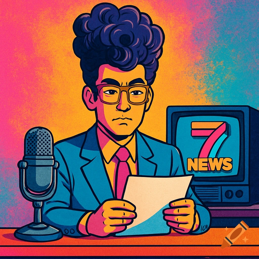 Cartoon newscaster with large curly hair and glasses at a desk with a microphone, a TV showing "7 NEWS", in a vibrant pop art style.