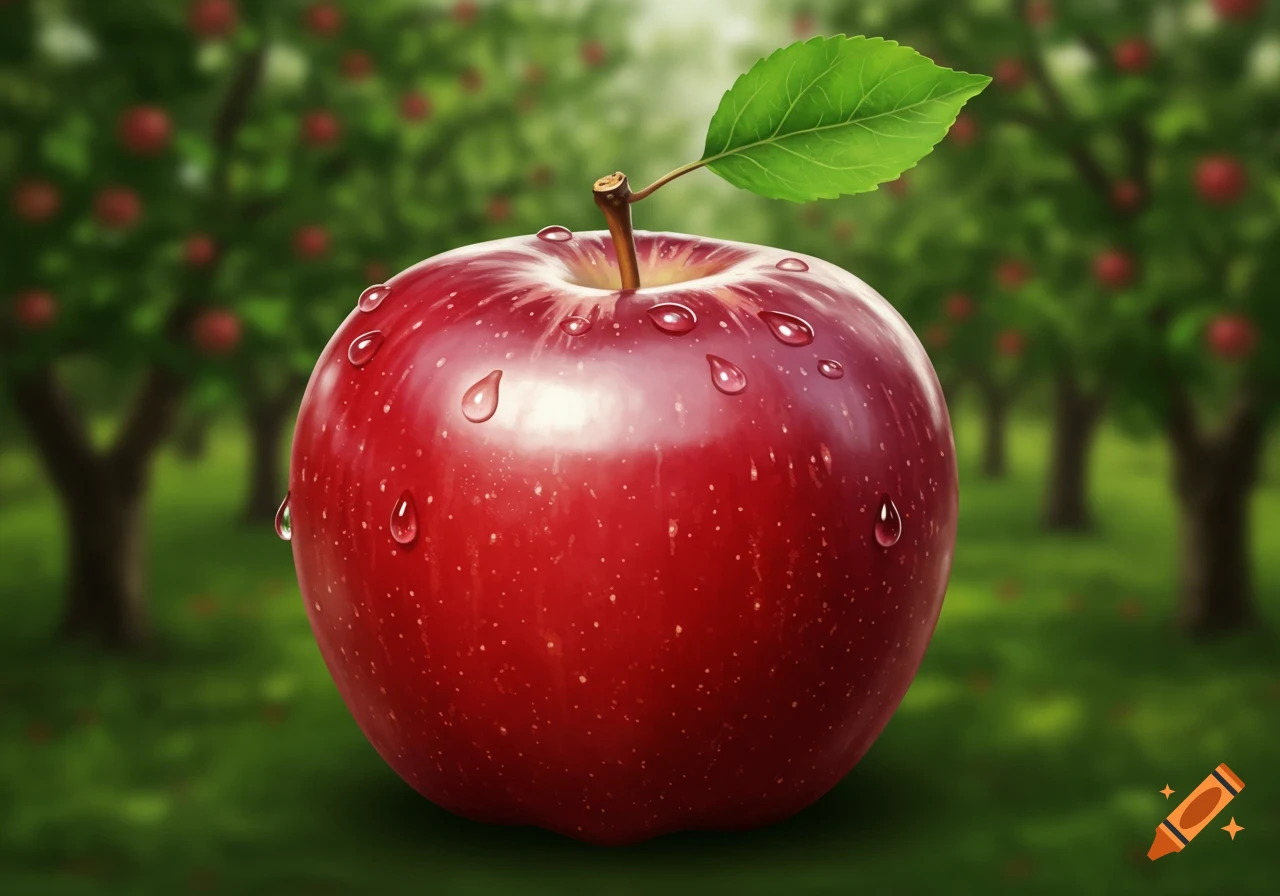 Close-up of a vibrant red apple with water droplets, showing its stem and a green leaf, set against a blurred apple orchard.
